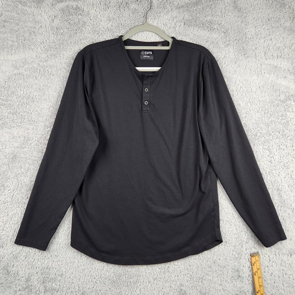 CUTS Shirt Mens Large Black Curve Hem Long Sleeve Henley Stretch PYCA Pro Tee